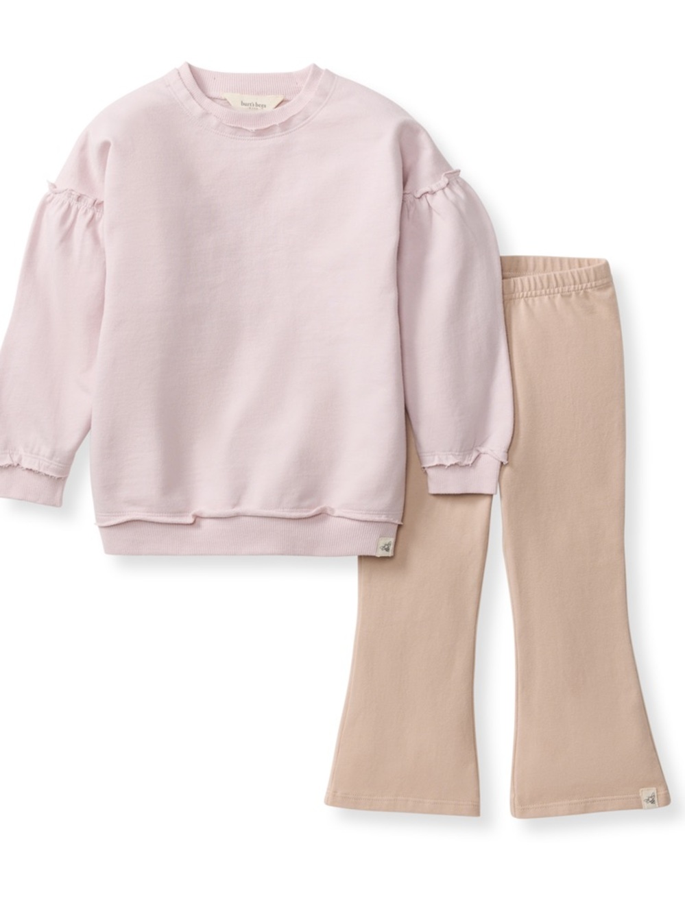 Light Pink Ruffle Sleeve Sweatshirt & Beige Flare Pants Set by Burt’s Bees